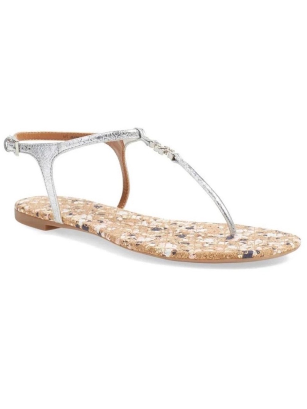 TORY BURCH Marion Confetti Cork T-Strap Silver Metallic Leather Thong Sandal 7.5